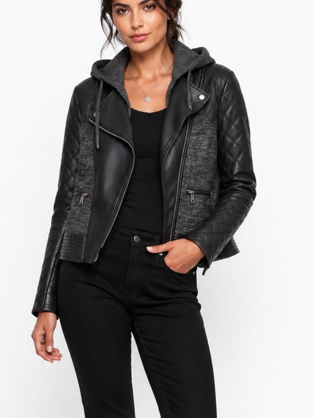 Bebe Black Moto Faux Leather Hoodie Asymmetric Zip Jacket